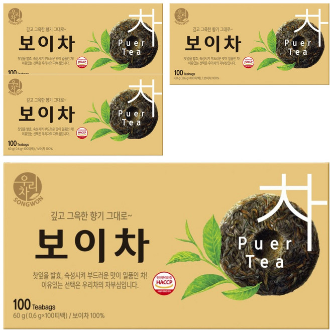 우리차 송원식품 보이차, 600mg, 100개입, 4개