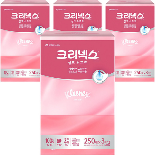 크리넥스 실크 소프트 천연펄프 미용티슈 2겹, 250매, 12개