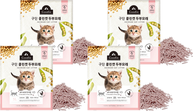 구딘 응고형 클린캣 두부 고양이 모래, 5L, 4개, 베이피파우더향