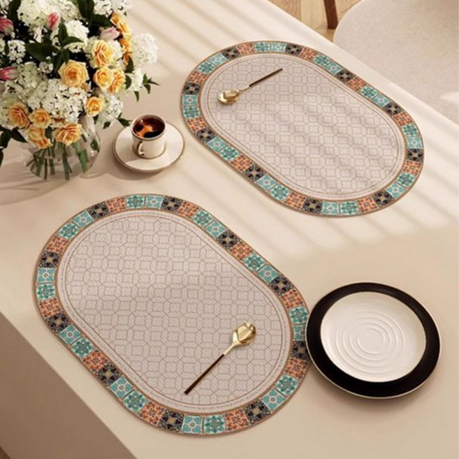 바다라 타원형 아줄레주 지중해 타일 방수 테이블 매트, 그린, 45 x 30 cm, 2개