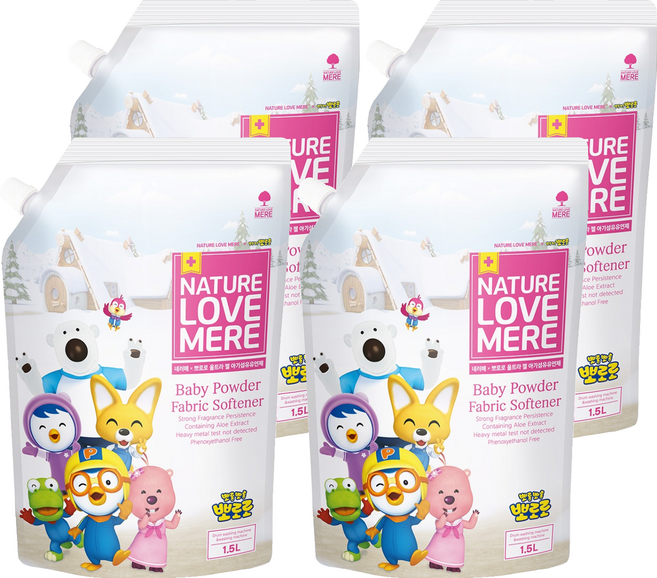 네이쳐러브메레 뽀로로 울트라 젤 아기 섬유유연제 베이비파우더향 리필, 1.5L, 4개