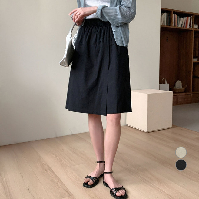 afinar 女款棉麻感半鬆緊帶中長褲裙