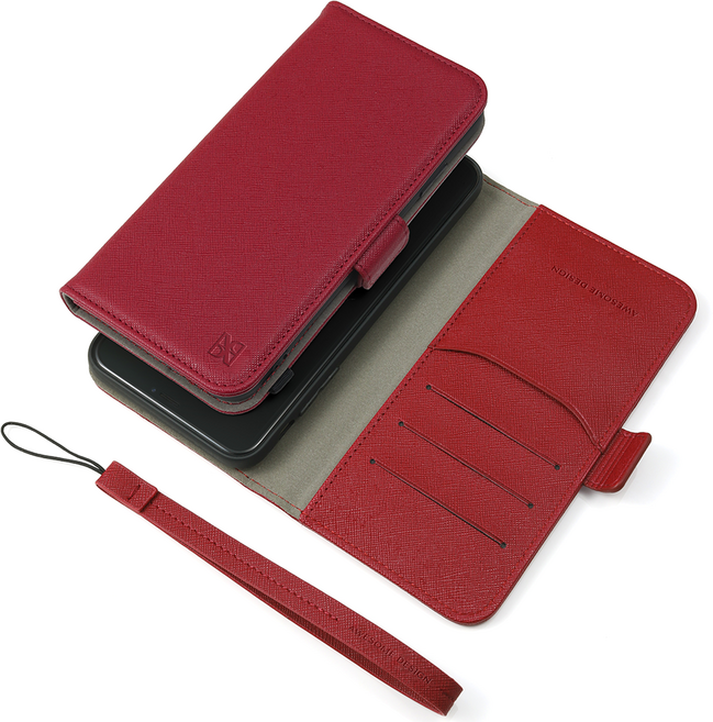 Awesome Design Saffiano皮革斜紋錢包手機殼 + 手腕帶套組