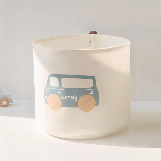 달빛마켓 원형 손잡이 누빔 패브릭 바구니, 파란자동차, 1개