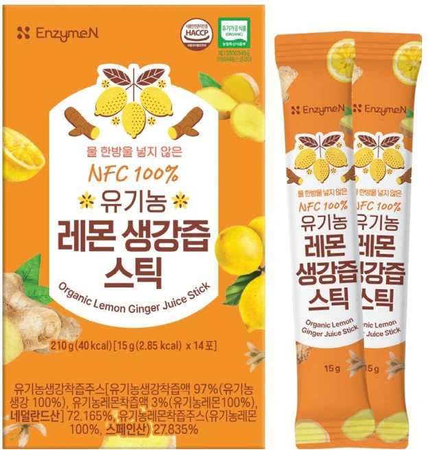 엔자임엔 NFC 100% 유기농 레몬생강즙 스틱 14포, 210g, 1개 - 쿠팡