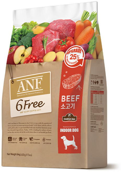 ANF 생후 4개월 이상 강아지 인도어 식스프리 건식사료, 소, 6kg, 1개