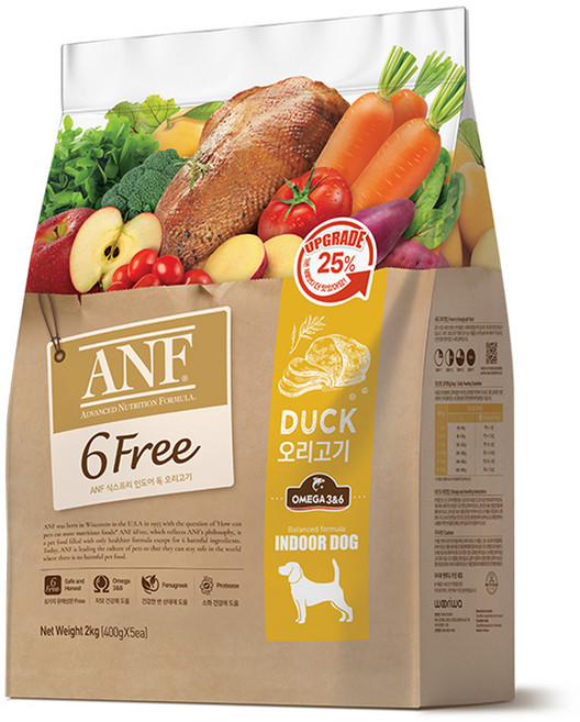 ANF 생후 4개월 이상 인도어 독 식스프리 건식사료, 오리, 2kg, 1개