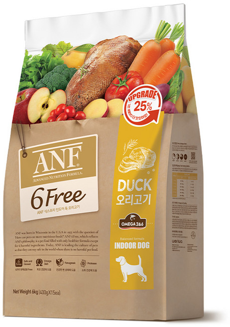 ANF 생후 4개월 이상 인도어 독 식스프리 건식사료, 오리, 6kg, 1개