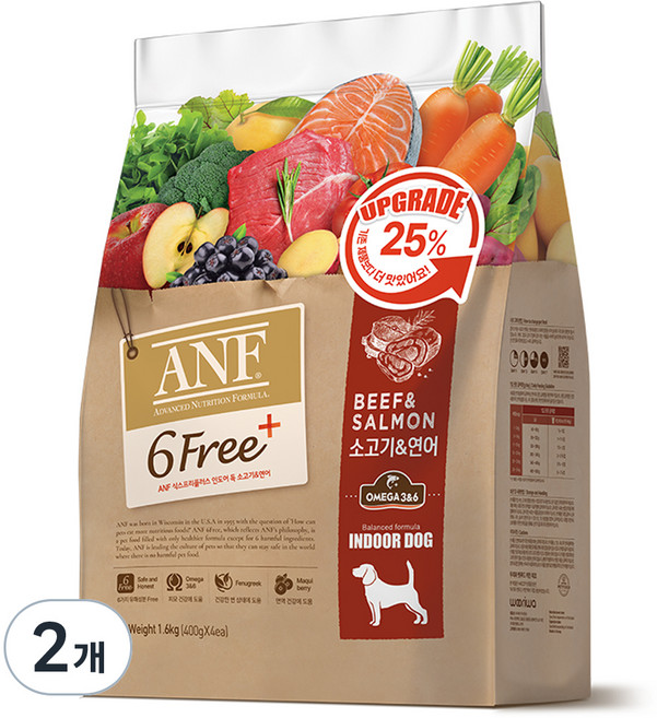 ANF 전연령용 인도어 독 식스프리플러스 건식사료, 소+연어, 1.6kg, 2개