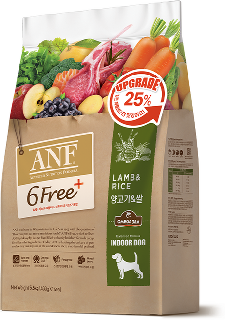 ANF 전연령 식스프리 플러스 인도어 독 건식사료, 양+쌀, 5.6kg, 1개