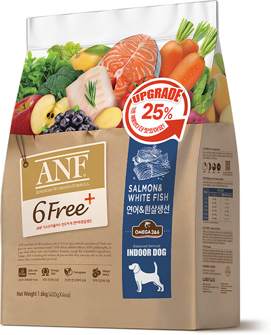 ANF 전연령 식스프리 플러스 인도어 독 건식사료, 연어+흰살생선, 1.6kg, 1개