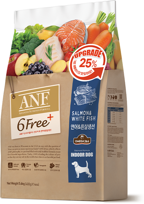 ANF 전연령 식스프리 플러스 인도어 독 건식사료, 연어+흰살생선, 5.6kg, 1개