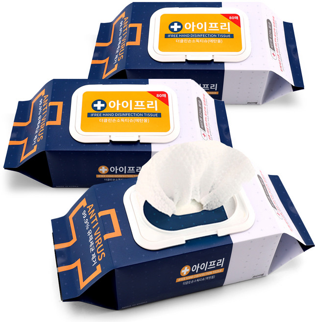 아이프리 더 클린 에탄올 손소독티슈 캡형, 80매, 3개