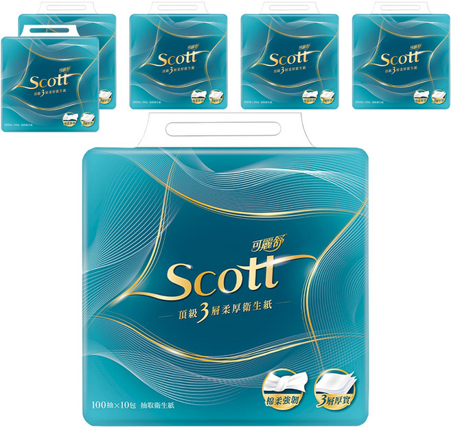 Scott 可麗舒 頂級柔厚抽取式衛生紙3層 100抽, 10包, 6袋