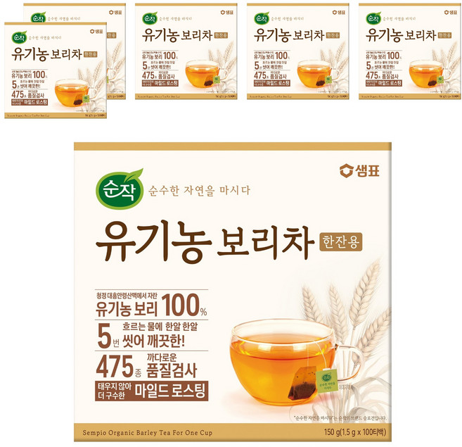 순작 유기농 한 잔 보리차 티백, 1.5g, 100개입, 6개