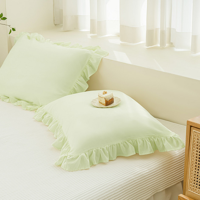 더자리 소프트 피그먼트워싱 보송보송 프릴 베개커버 2P, 스프링그린