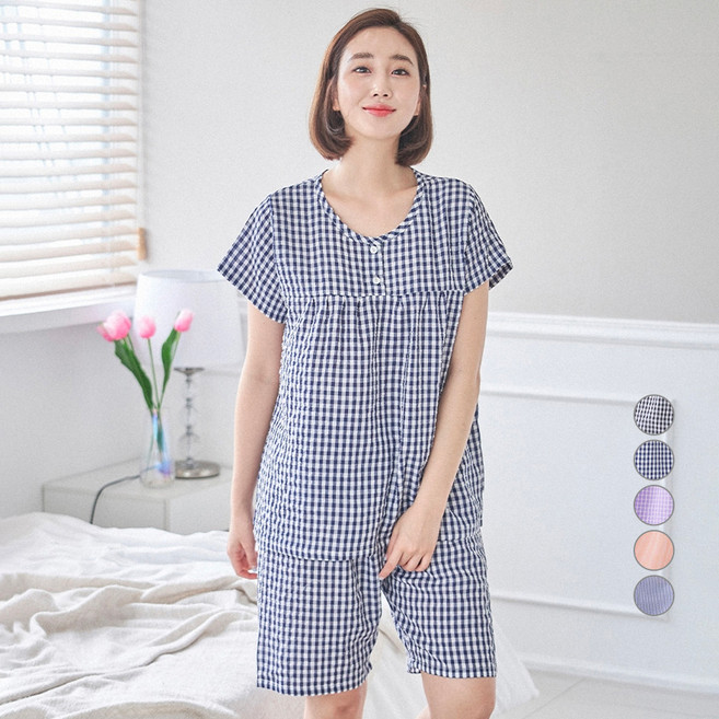 DOSSY 女款泡泡紗壓紋短袖短褲睡衣套裝