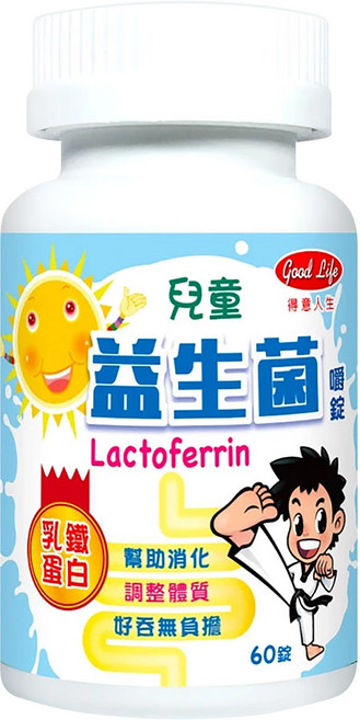 good Life 得意人生 兒童益生菌嚼錠 含乳鐵蛋白, 60顆, 800mg, 1罐