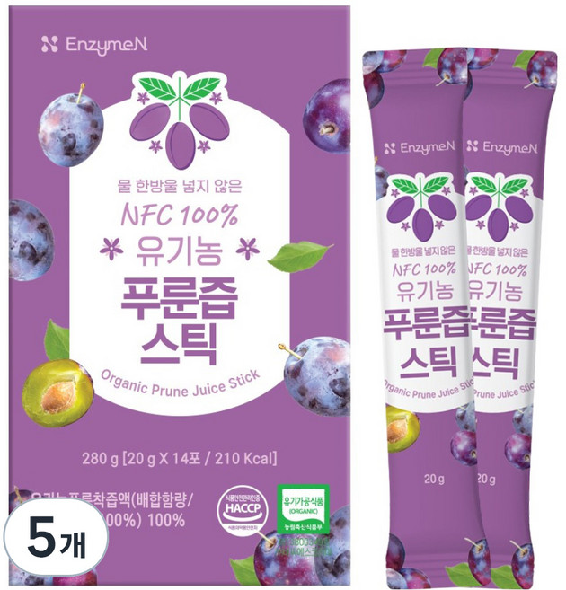 엔자임엔 NFC 100% 유기농 푸룬즙 스틱 14포, 280g, 5개