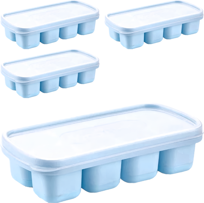 按壓冰塊盒 帶蓋製冰盒 8格, 冰雪藍, 4個