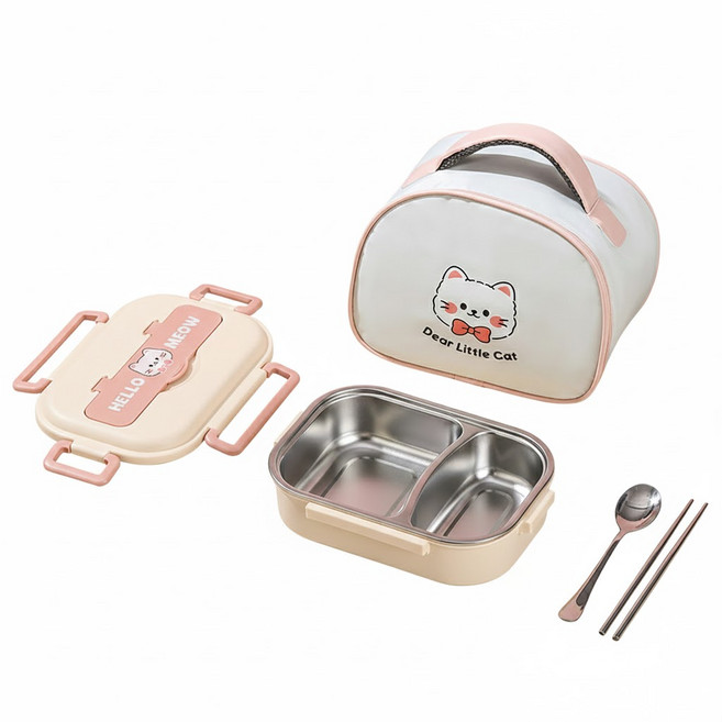 Mega 美佳 304不鏽鋼分格便當盒 附餐具 + 餐袋 兒童二格, 1個, 可愛粉貓 粉色