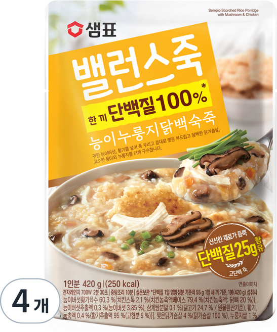 샘표 밸런스죽 능이누룽지닭백숙죽, 420g, 4개