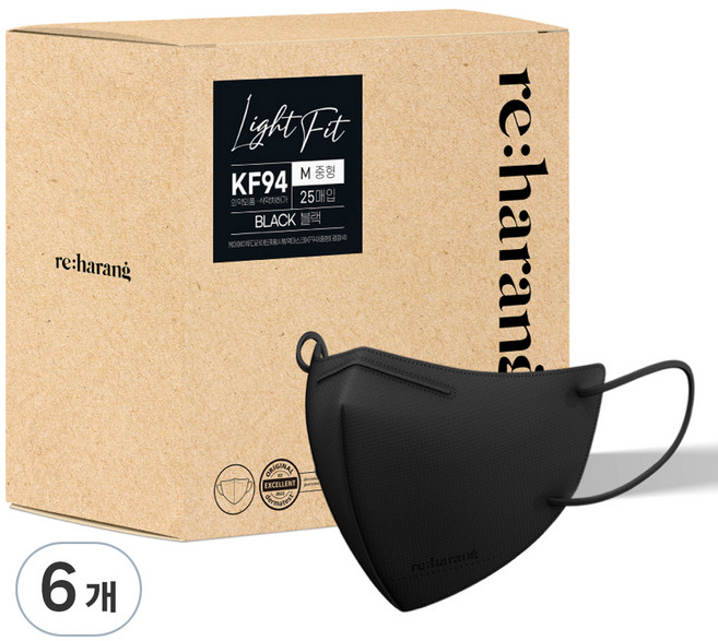 리하랑 KF94 라이트핏 2D 새부리형 일회용마스크 중형, 25개입, 6개, 블랙