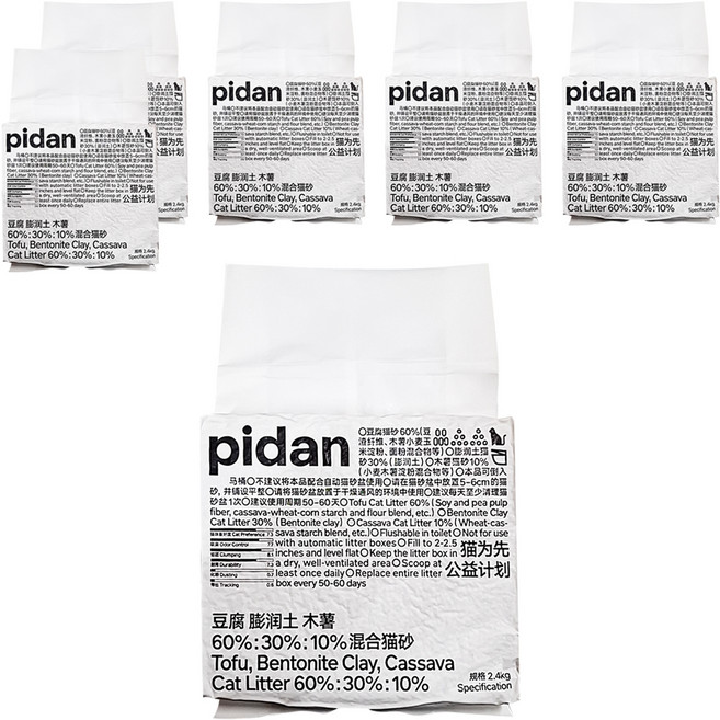 pidan 豆腐膨潤土木薯混合貓砂 三合一木薯, 6包, 無香, 2.4kg