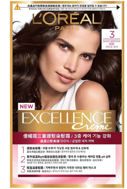 L'OREAL PARiS 巴黎萊雅 台灣公司貨 優媚霜三重護髮染髮霜 Excellence Creme, 3 深棕, 1盒
