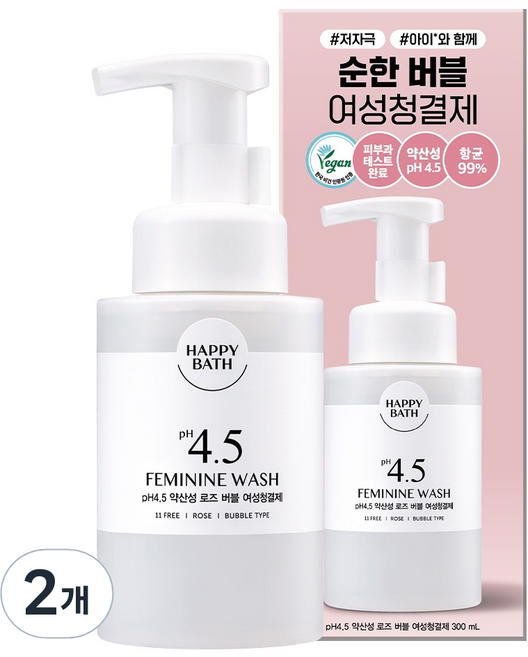 해피바스 pH4.5 약산성 로즈버블 여성청결제, 300ml, 2개
