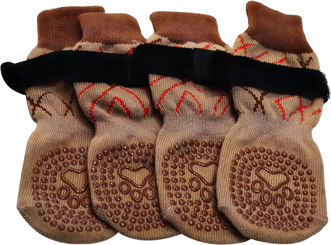 MODACore PET 摩達客寵物 狗狗保護止滑襪 4個, 格紋腳印點咖色款, 1組