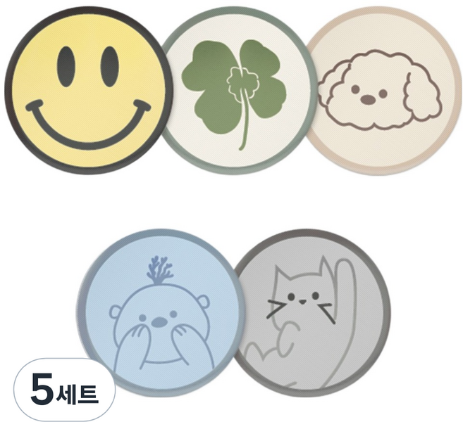 플라이토 디자인 자석 거치대 벽부착 철판 원형 40mm 5종 세트 A, 스마일 옐로우 + 클로버 아이보리 + 강아지 그레이 + 수달 스카이 + 고양이 그레이, 5세트