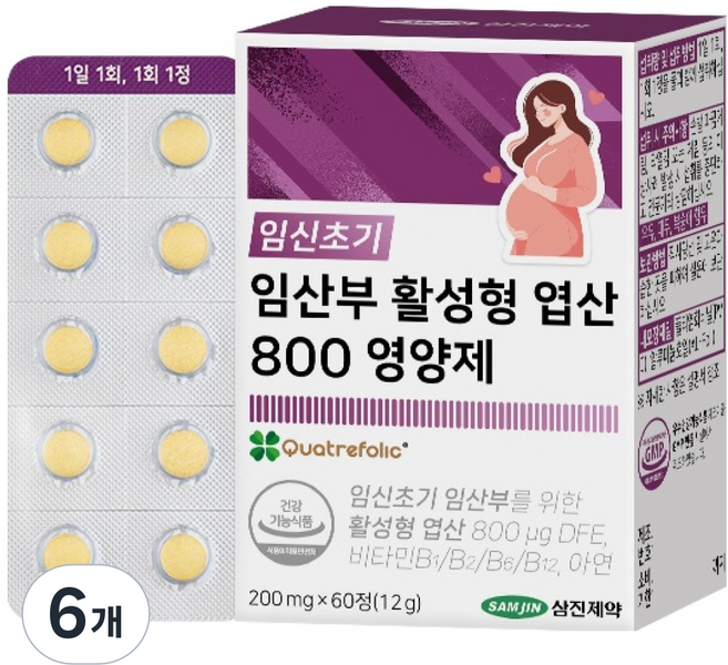 Samjin Pharm 懷孕初期 孕婦 活性葉酸 800 營養品 12g, 6個, 60錠