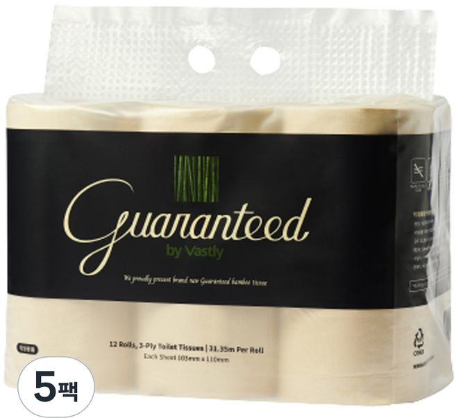 게런티드바이바스틀리 먼지없는 3겹 100퍼센트대나무 토일렛 고급롤화장지, 12롤, 5개