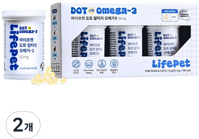 라이프펫 반려동물 CSP용기 도트알티지 영양제 50mg 3p, 2개, 오메가3, 180정