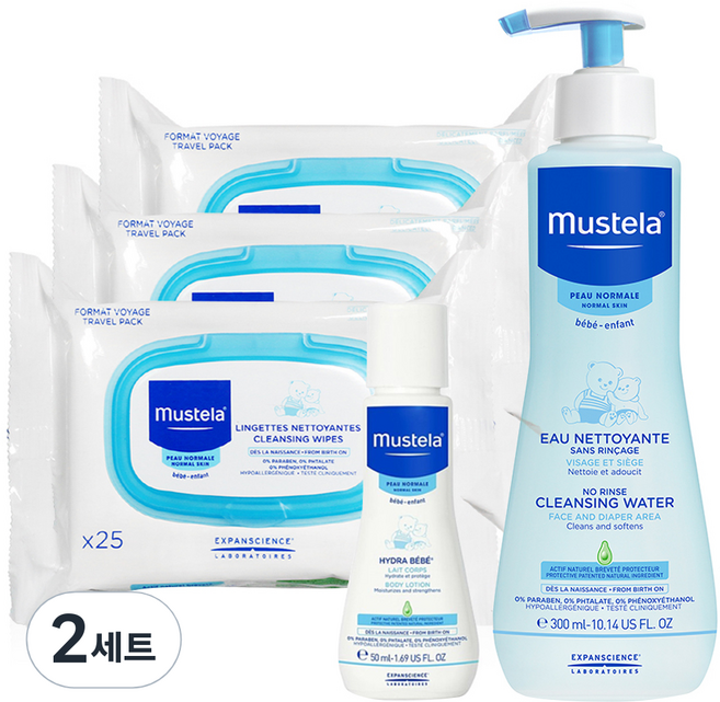 무스텔라 노린스 클렌징워터 300ml + 클렌징 와입스 x 3p + 여행용 이드라 베베 바디로션 50ml, 2세트