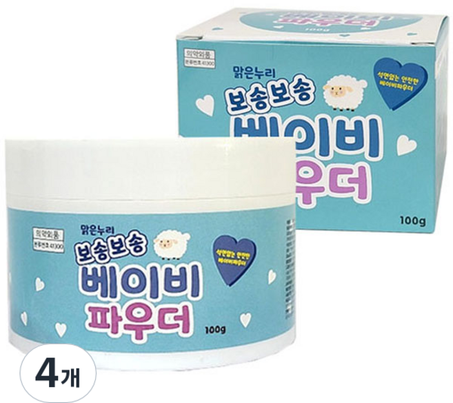 맑은누리 민감한 아기피부 땀띠방지 보송보송 베이비 파우더, 100g, 4개