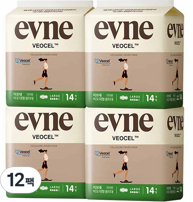 이브네 비오셀 생리대 날개형, 대형, 14개입, 12개