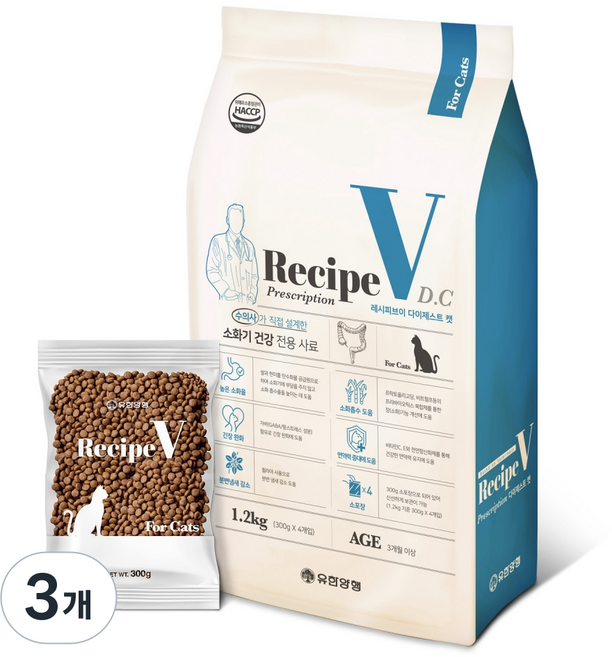 유한양행레시피브이 고양이 처방식 사료, 3개, 1.2kg
