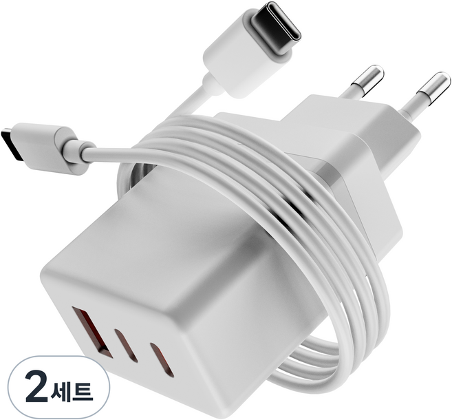 일리온 3포트 36W PD충전 초고속 충전기 멀티 어댑터 + C to C 1m 케이블 세트, 화이트, 2세트