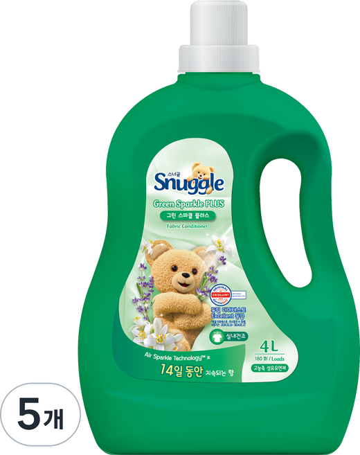 스너글 섬유유연제 그린스파클 플러스 본품, 4L, 5개