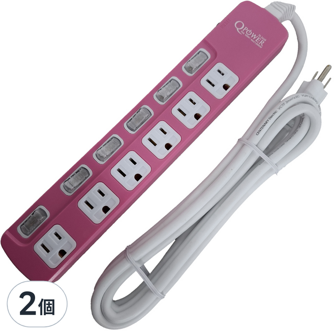 Tyson 太順電業 QPOWER 太超值 3孔6開6插延長線 TS-366B, 2.7m, 洋紅色, 2條