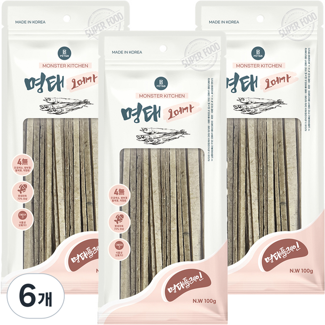 몬스터키친 강아지 오메가 간식, 6개, 100g, 혼합맛(명태/플레인)
