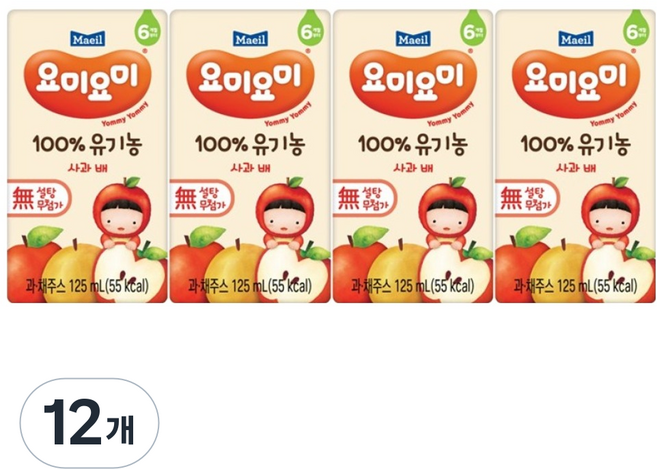 요미요미 100% 유기농 주스 사과 배, 125ml, 12개