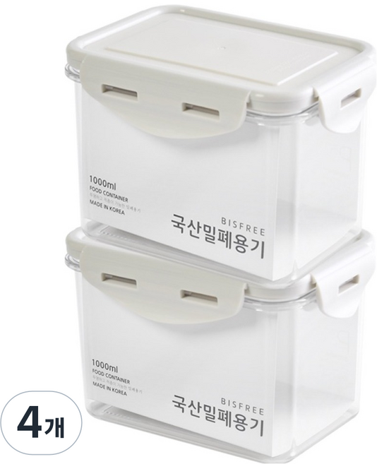 QUIDNOVI 국내산 직사각 밀폐용기 화이트, 4개, 1L