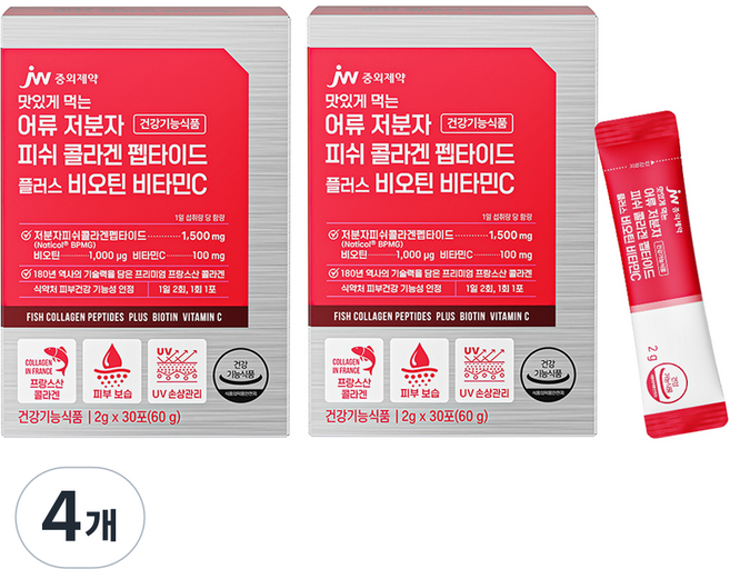 JW중외제약 맛있게 먹는 어류 저분자 피쉬 콜라겐 펩타이드 플러스 비오틴 비타민C 30p, 60g, 4개