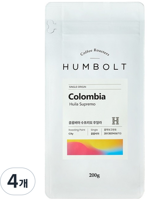 훔볼트 콜롬비아 수프리모 후일라 싱글 커피 원두, 홀빈(분쇄안함), 200g, 4개