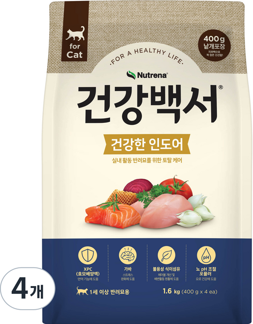 건강백서 고양이 기능성 사료, 인도어, 1.6kg, 4개