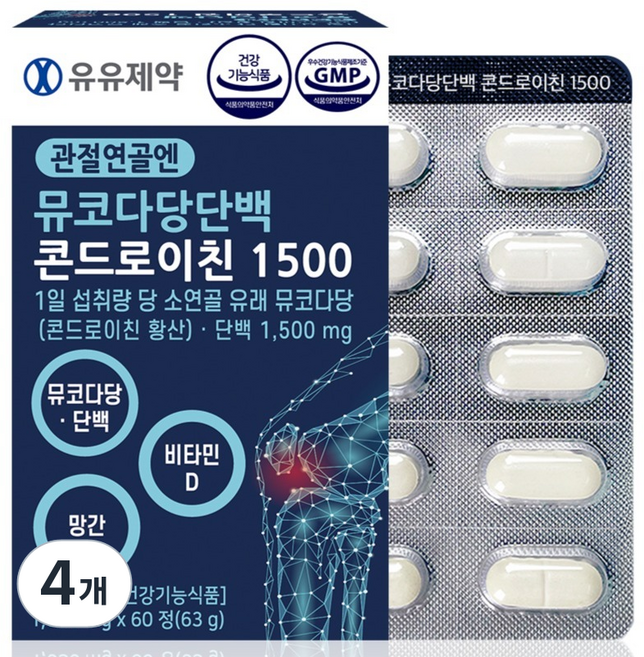 유유제약 관절연골엔 뮤코다당단백 콘드로이친 영양제 1500 63g, 4개, 60정