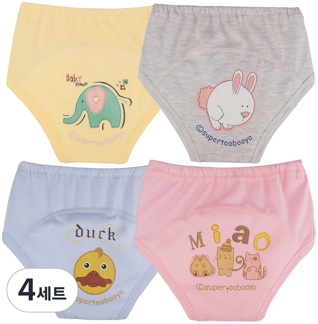 아가짱 유아용 동물친구 배변훈련팬티 4종 세트, B:(옐로우+그레이+보라+핑크, 4세트